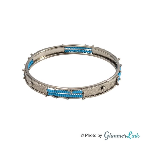Southwestern Style Silver Tone Bangle Bracelet with Teal Seed Beads - Picture 3 of 9
